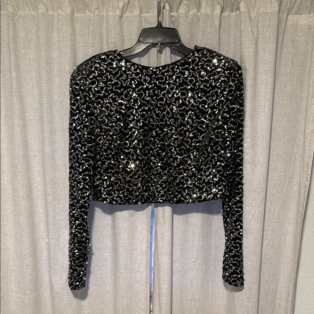 Black Sequin Long Sleeve Crop Top